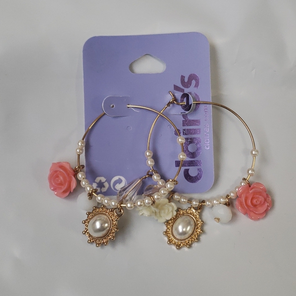 Gold 40MM Romantic Charm Pearl Hoop Earrings NEW - Picture 2 of 4